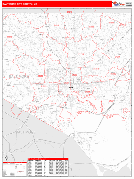 Baltimore City County Md Zip Code Wall Map Red Line Style